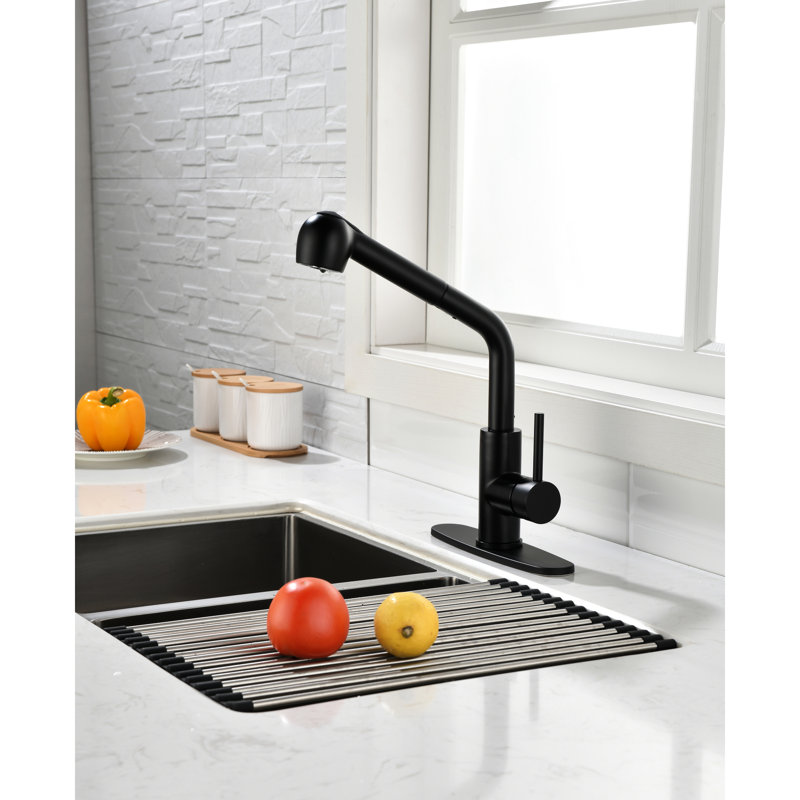 Robinet d'évier de cuisine noir mat avec douchette extractible, douchette à une poignée, bec haut rotatif à 360 °, corrosion et robinet de contrôle de débit pratique, évacuation rotative, surface, facile