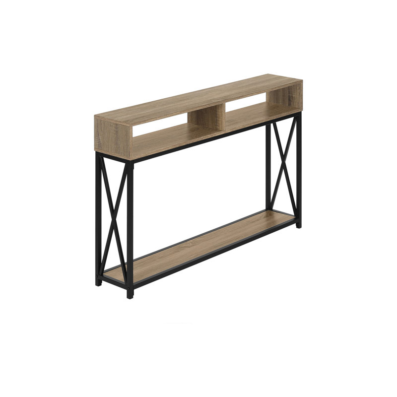 Table d'appoint en métal, monobloc, console, taupe, table basse étroite avec structure en X et étagères ouvertes