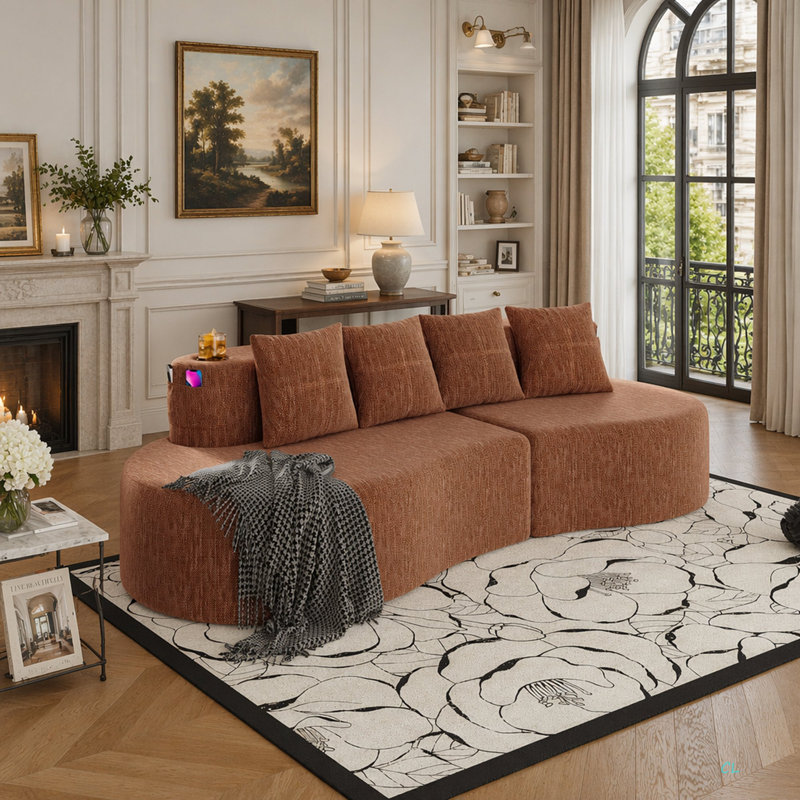 Canapé modulaire incurvé moderne 3 places, Orange Chenille, Orange