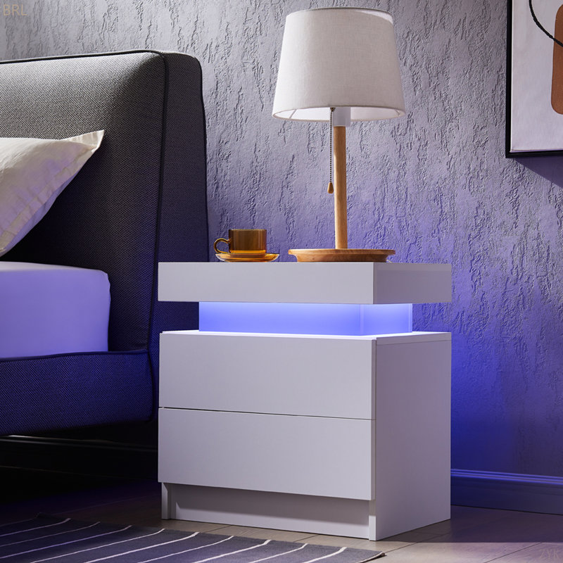 La table de chevet de la table de chevet LED illumine le côté moderne avec 2 tiroirs pour la chambre à coucher, Blanc
