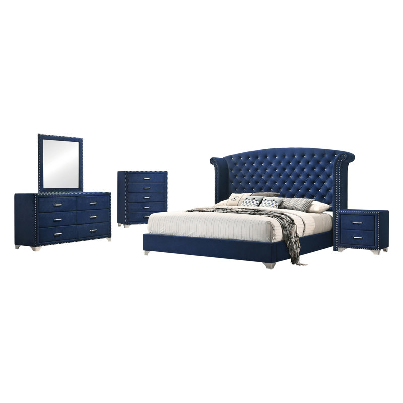 Lansdale Upholstered Sieigh Bedroom Set, King, Navy, Bed, Nightstand, Dresser, Dresser Mirror, Chest