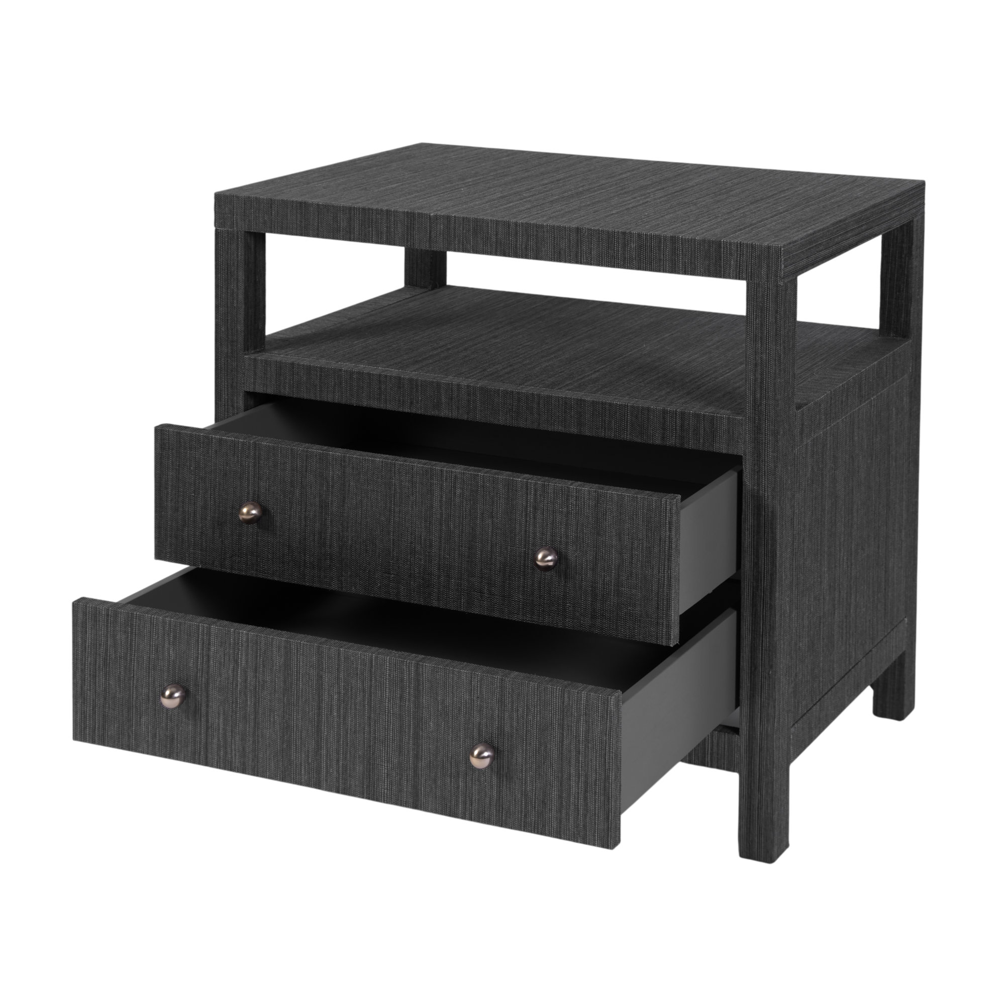 Celine 28 in. W Raffia 2 Drawer Nightstand with Shelf, Charcoal Gray