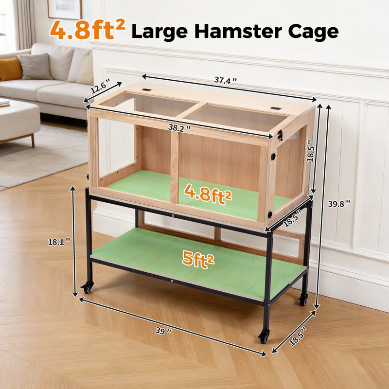39-in Wooden Hamster Cage Movable Habitat With Storage Stand
