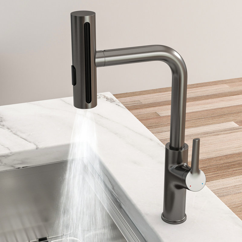 360 Pull - Down Gunmetal Black Kitchen Faucet With 4 Spray Modes, Splash Design, Ceramic Cartridge, All Accessories, 6.3 Inches Base Height And Settings, Function, Complete ,