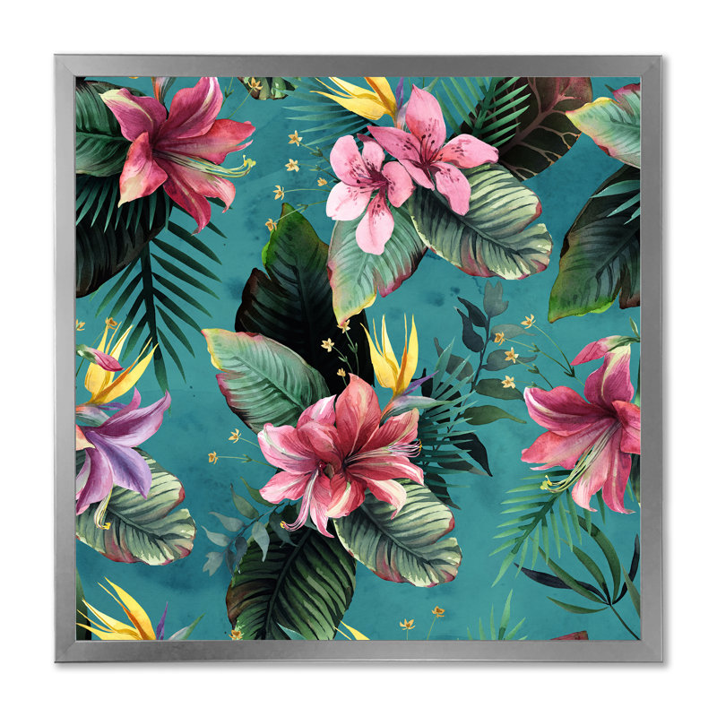 «Pink Tropical Flowers On Teal», reproduction d'art sur toile traditionnelle, H 16 po x l 16 po x P 1 po, Cadre photo argenté