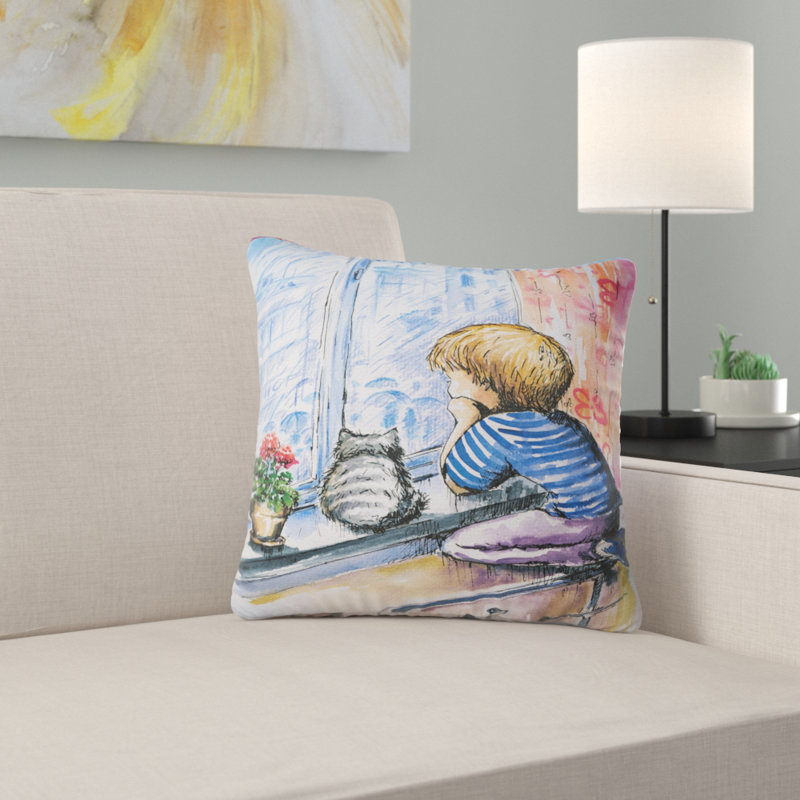 Coussin de ville en regardant un petit garçon et un chat, 18 po x 18 po, Coussin décoratif