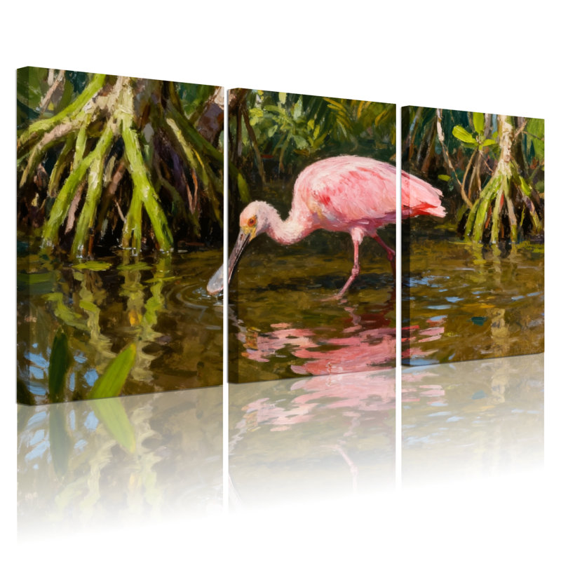 Oiseaux roses dans une mangrove, réflexion sur l'eau, ensemble de 3 impressions sur toile, H 24 po x l 48 po