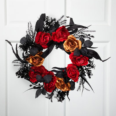 Red and Gold Roses with Black Foliage Halloween Wreath 22-Inch Unlit