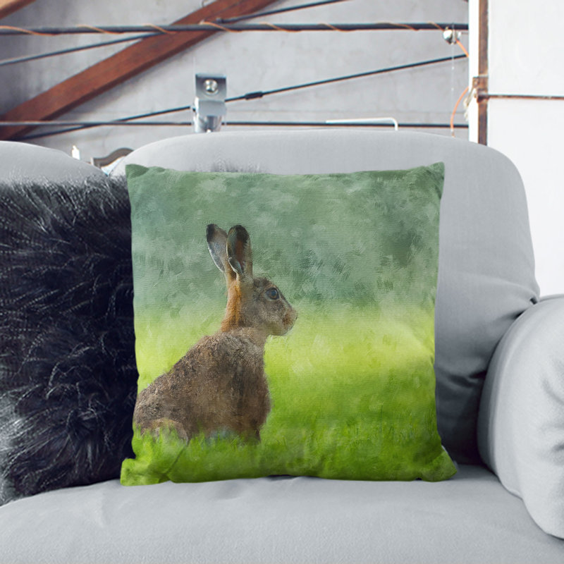 Lone Hare Painting Cushion with Filling, 40cm H x 40cm W x 15cm D