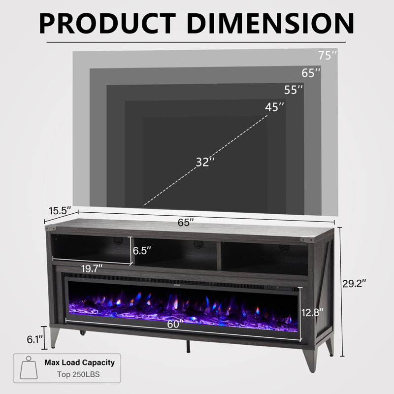 Luciano 65" W Farmhouse TV Stand with 60" W Electric Fireplace, Black