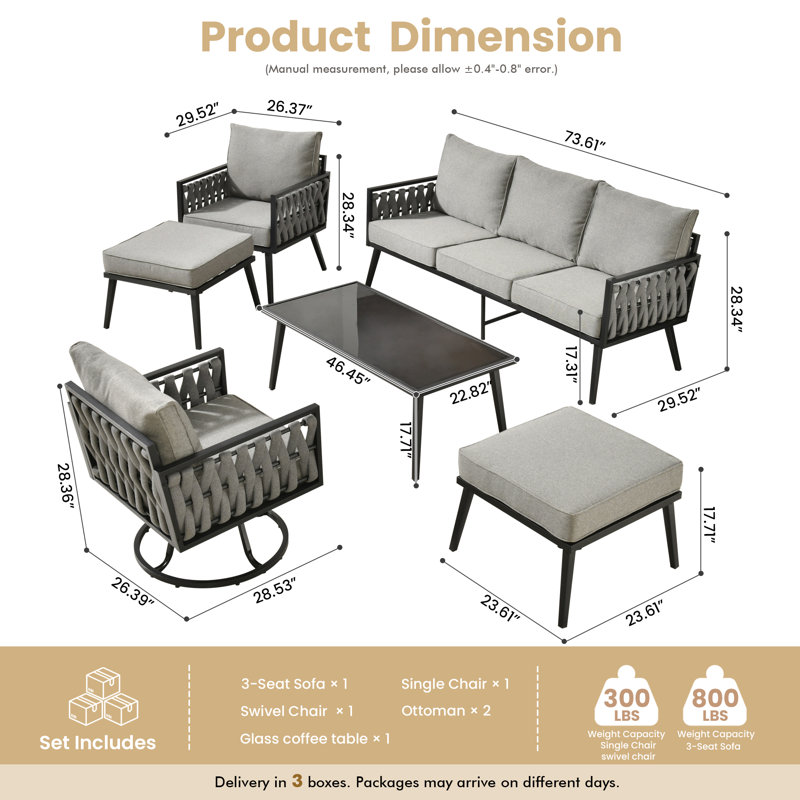Eaker 6 Piece Seating Group with Cushions, Grey