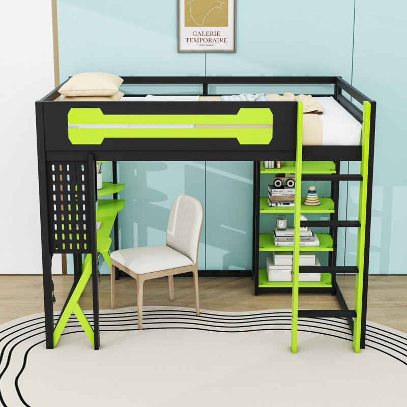 Lit mezzanine double en bois avec bureau de jeu intégré et rangement, Noir / Vert