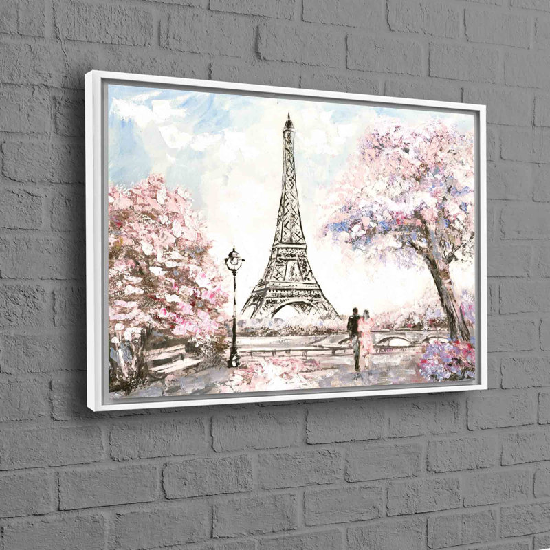 Romantic Parisian Landscape With Eiffel Tower And Couple Amidst Foliage In Modern Wall Art Style, 50 cm H x 70 cm W, White