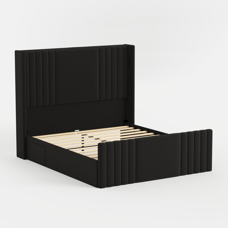 Velvet Upholstered Wingback Platform Bed, Black, Queen