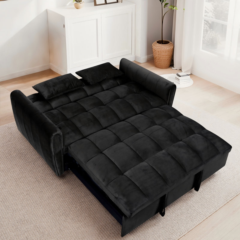 3-In-1 Convertible Sleeper Sofa Bed With Adjustable Backrest,65''Modern Velvet Pull Out Couch Sofa Bed With 2 Pollows, Black