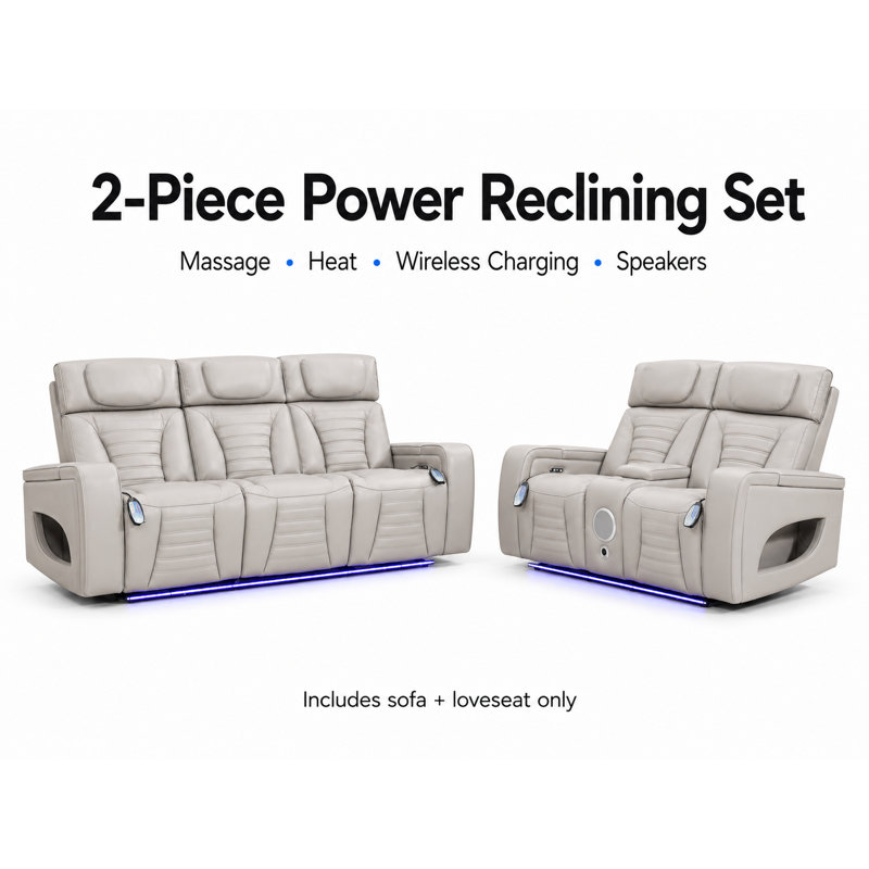 Ensemble de canapé et causeuse inclinable électrique 2 pièces avec massage, chauffage, recharge sans fil, haut-parleurs, éclairage à DEL Beige