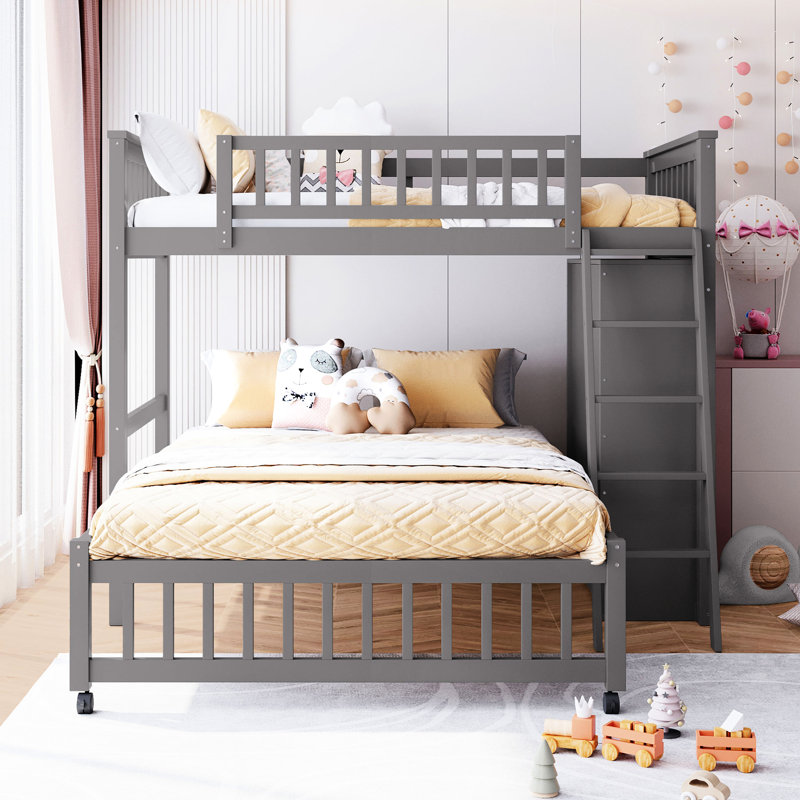 Lit superposé en bois gris, simple et double avec 6 tiroirs et roulettes polyvalentes, rangement flexible et roulant, Gris