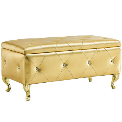 Faux Leather Storage Ottoman Bench with Crystal Buttons Rectangular Footrest with Flip-Top Storage