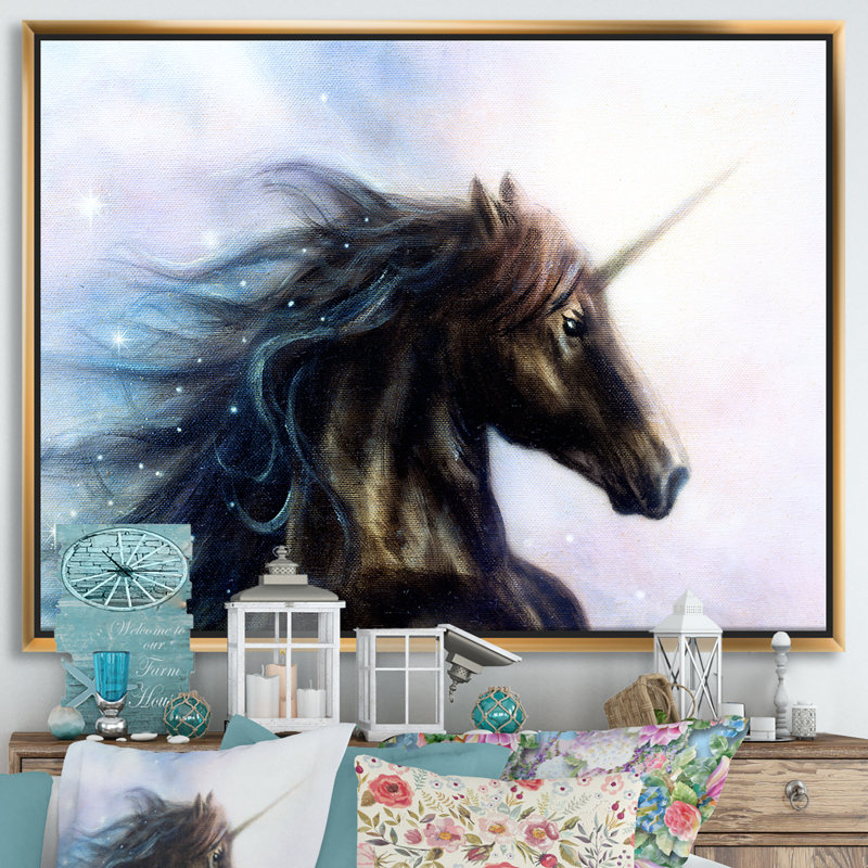 Fantaisie Licorne - reproduction d'art sur toile, Toile encadrée d'or, H 30 po x l 40 po x 1,5 po