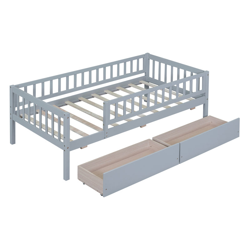 Daybed Wood Bed with Two Drawers, Gray, Twin