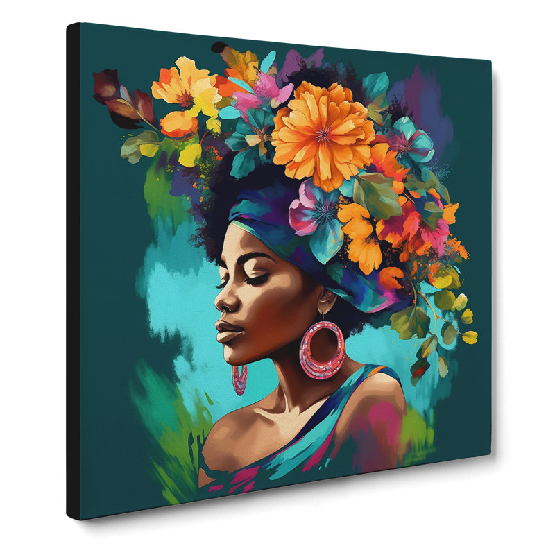 African Woman Floral Art No.5 - No Frame Print, 35cm H x 35cm W x 3cm D