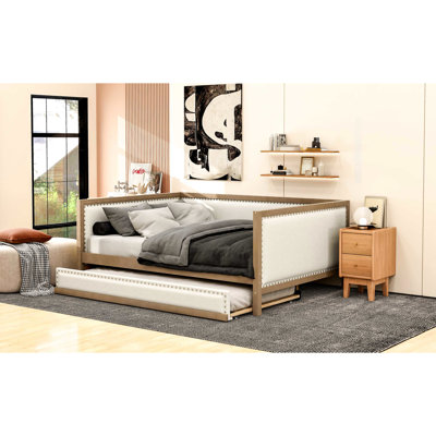 Full Daybed With Trundle, Wood Construction, Linen Upholstery Classy Trundle Bed, Stable & Cover