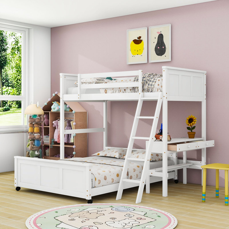Lit superposé en bois avec bureau d'étude intégré et tiroirs de rangement, Simple, Blanc