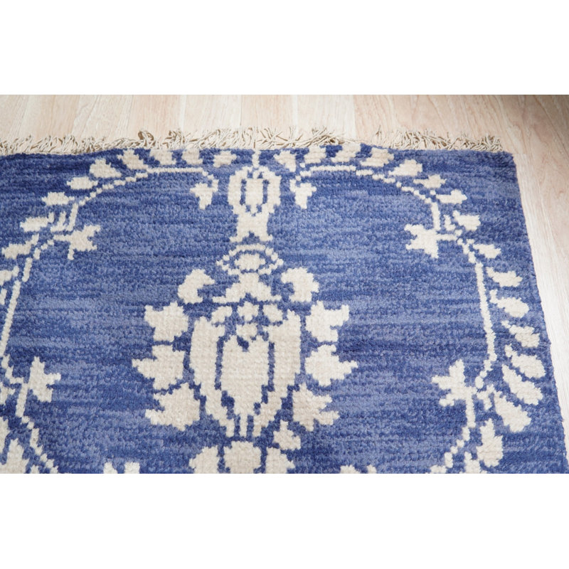 Blue Hand-Knotted Wool Floral Trelliswork Geometric Modern Contemporary Carpet Rug, 6' x 9'