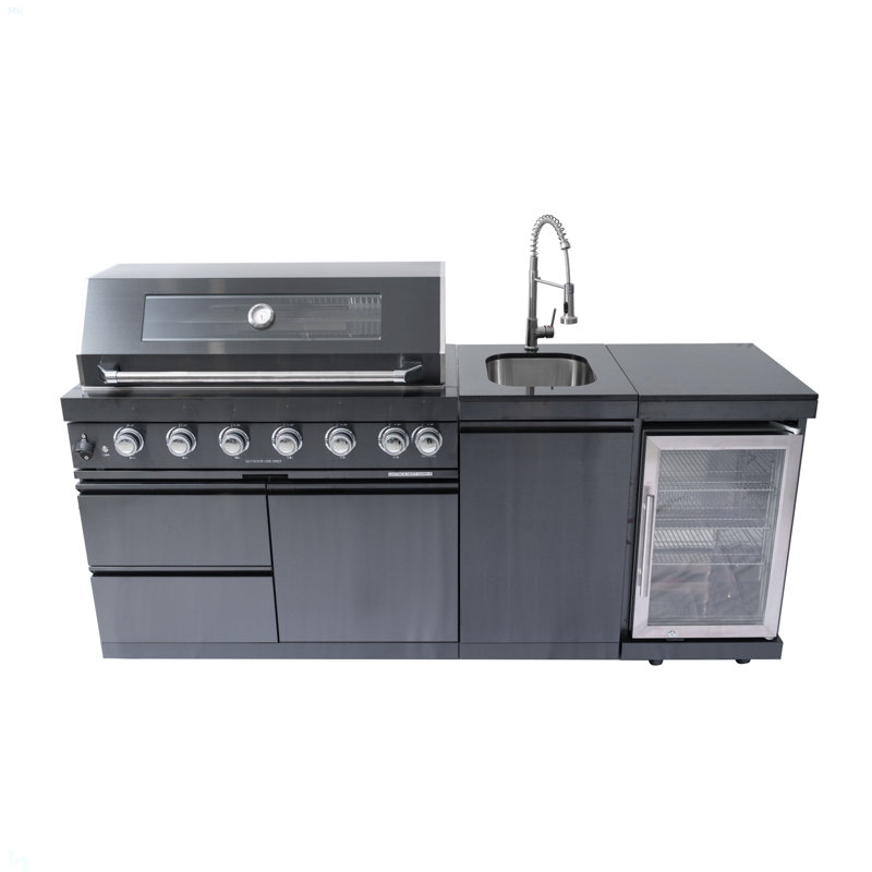 43-Inch 6-Burner 85000 BTU Deluxe Stainless Steel Gas Outdoor Kitchen Bar Barbecue Island Grill + Wine Cooler Compact Refrigerator + Rotisserie Kit + Granite Countertops + Stainless Steel Sink