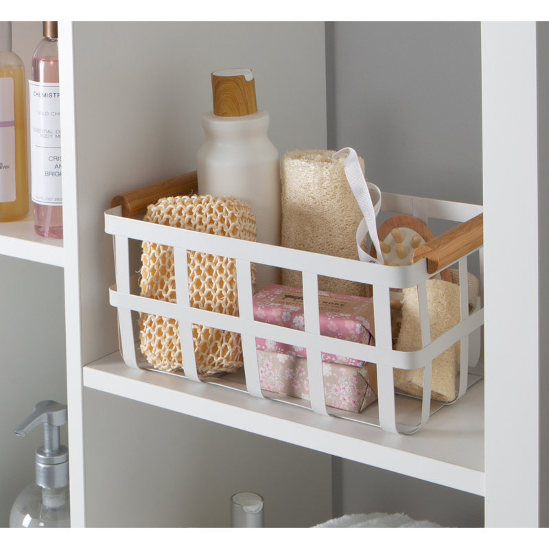 Large White Metal Storage Basket with Bamboo Handles