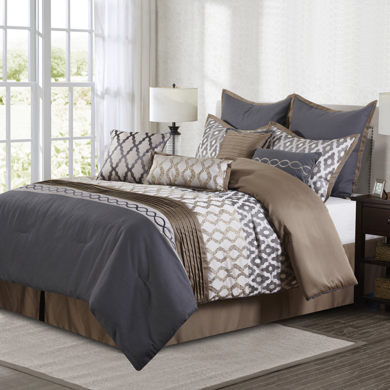 Caval 10 Piece Jacquard Comforter Set, King Comforter + 9 Additional Pieces, Gray/Taupe/White