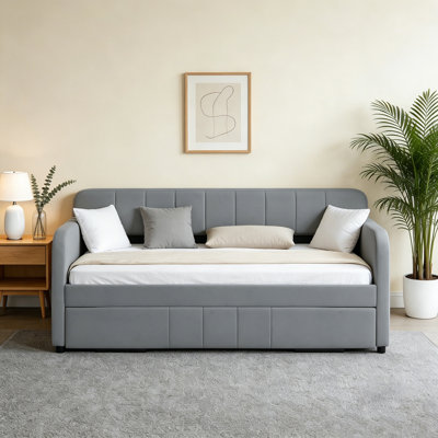 Modern Velvet Upholstered Twin Size Daybed with Pop Up Trundle Bed, with Storage Pockets and Charging Station