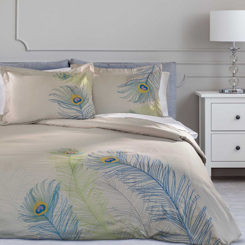 Sadin Cotton Peacock Embroidered Duvet Cover Set, Full/Queen Duvet Cover + 2 Standard Shams, Blue/Green