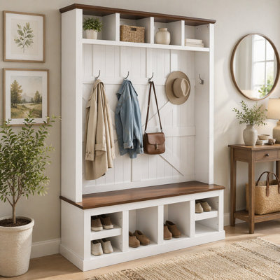 Hall Tree with Bench and Shoe Storage, Entryway Coat Rack with 6 Double Hooks, 4 Top Cubbies, 4 Bottom Storage Cubbies, Adjustable Shelves