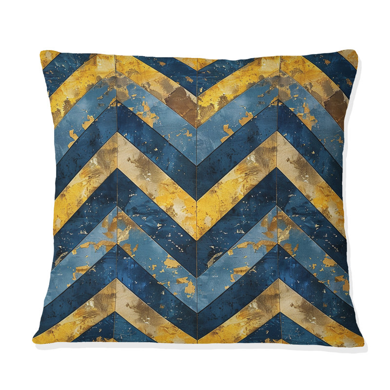 Coussin décoratif bleu doré à chevrons V - Mid-Century Glamour, H 16 po x l 16 po
