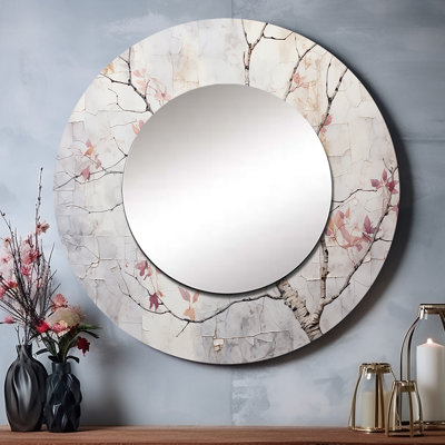«Blossom Tree Whispers Of Pink IV» - miroir mural monochrome, miroir décoratif rond traditionnel, impression d'art en métal