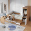 Lit plateforme double en bois avec tiroirs, tablettes, bureau et garde-robe-7771134