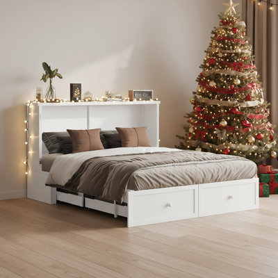 Mjkone Queen Murphy Bed With Usb Charging - Space-saving Foldable Wall Bed Converts To Sleeper, Includes 4.7" Mattress & 2 Storage Drawers, 880lbs Cap by Lark Manor