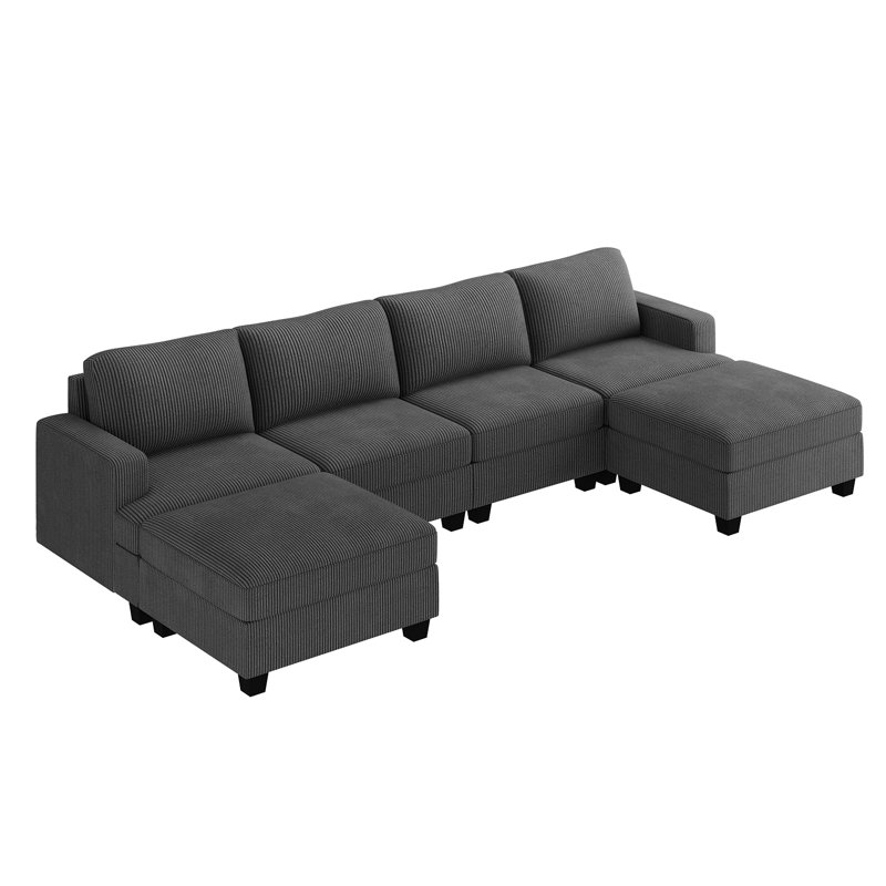 Canapé modulaire en U avec rangement Anureet, Velours côtelé gris, H 35 po x l 120,6 po x P 60,7 po