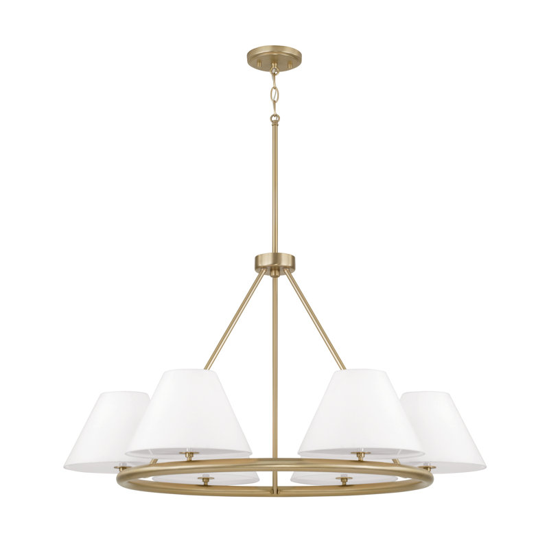 35"W x 19.50"H 6-Light Circular Chandelier in Matte Brass with Fabric Shades and Glass Diffusers