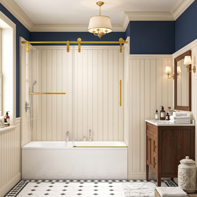 Porte de douche coulissante sans cadre de 142-152 cm (L) x 168 cm (H) avec porte-serviettes et poignée, verre trempé certifié SGCC de 8 mm (5/16 po), finition or brossé, pour douche à l'italienne