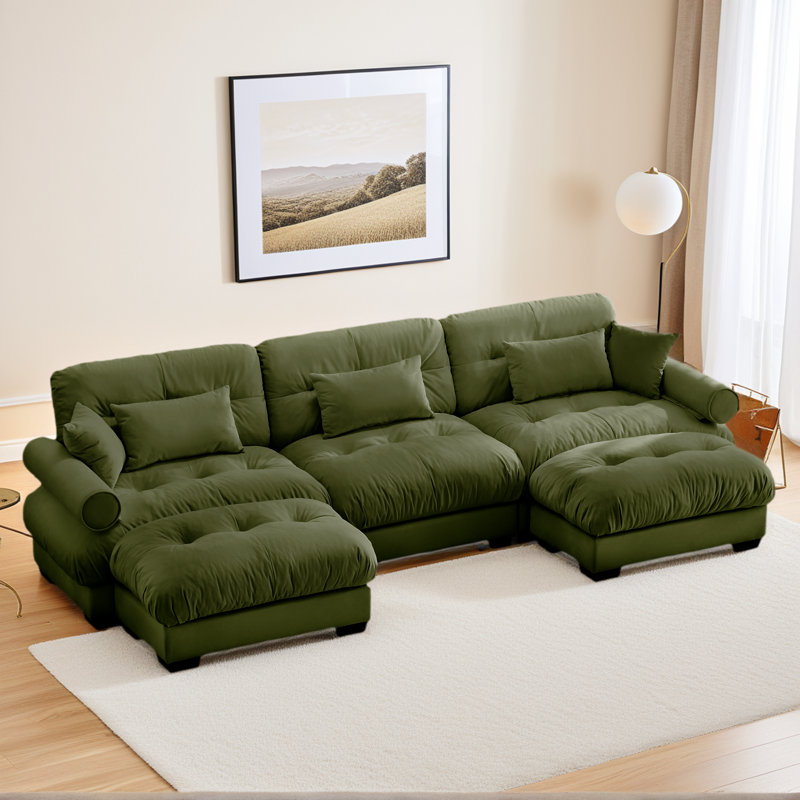 Canapé modulaire rembourré 3 places en velours vert olive avec 2 repose-pieds et 5 coussins - style moderne pour le salon, la chambre à coucher, le loft et la salle de lecture