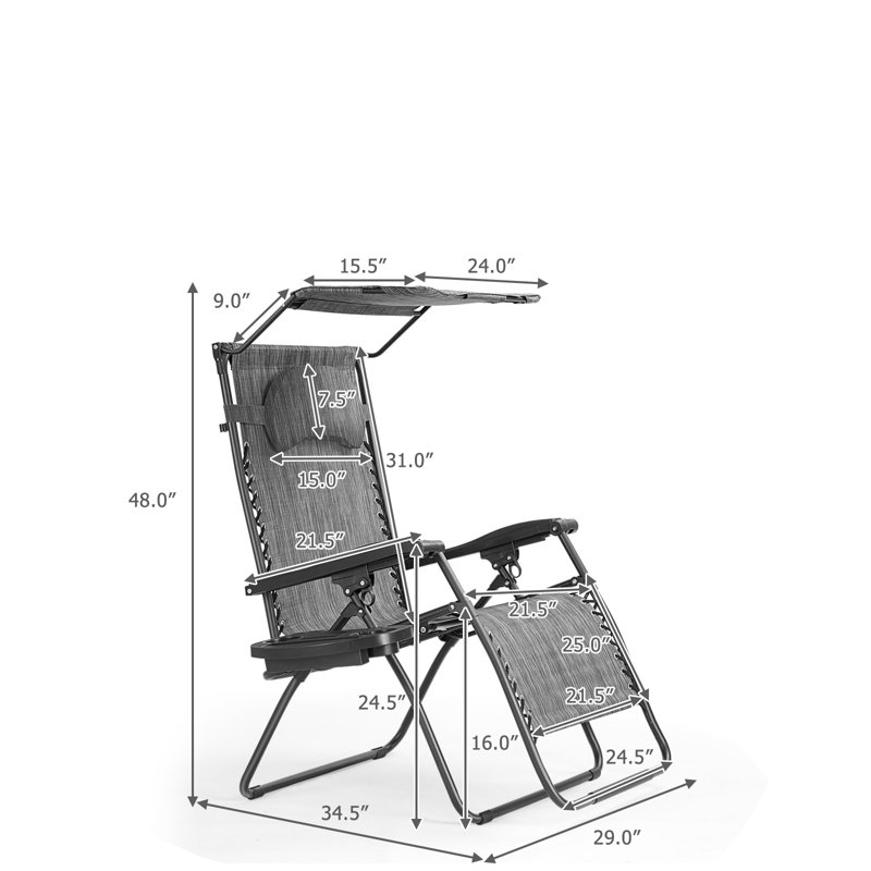 Fauteuil inclinable d'extérieur pliant avec auvent et porte-gobelet, Gris