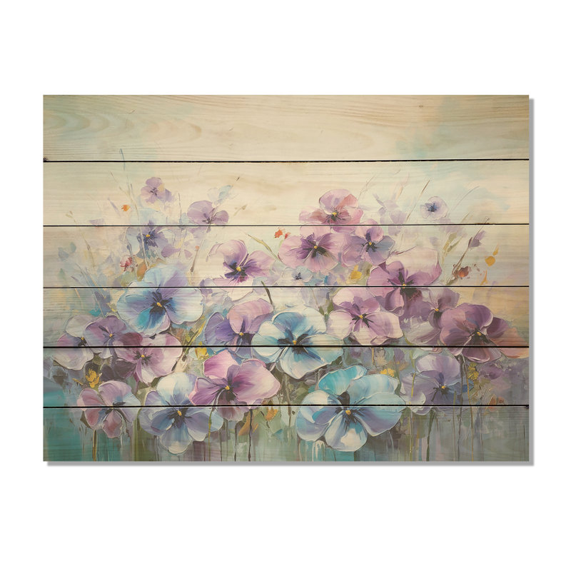 Pensées mauves en fleurs I - Art floral sur bois de pin naturel, H 10 po x l 20 po