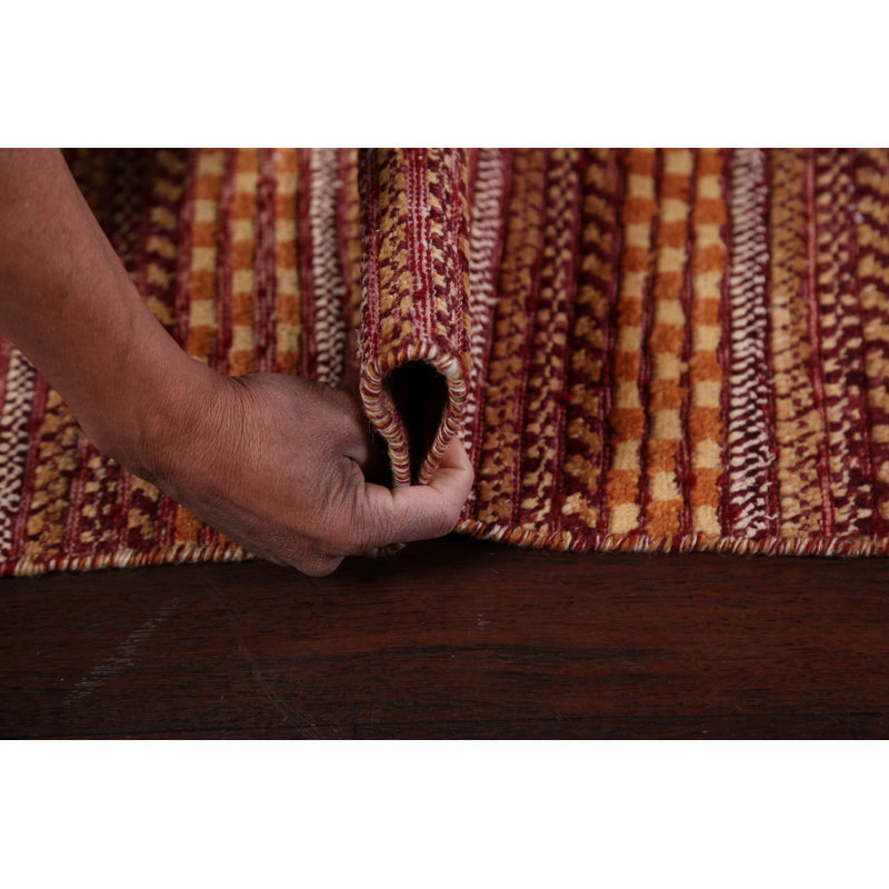 Tapis rouge / orange en laine noué à la main de conception unique 2 pi 6 po x 3 pi 10 po New Age