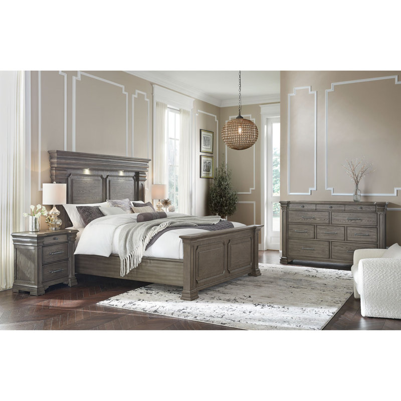 Ensemble de chambre à coucher Giesecke, 5 Pcs: Bed, Dresser, Chest, 2 Nightstands, Gris, Grand lit