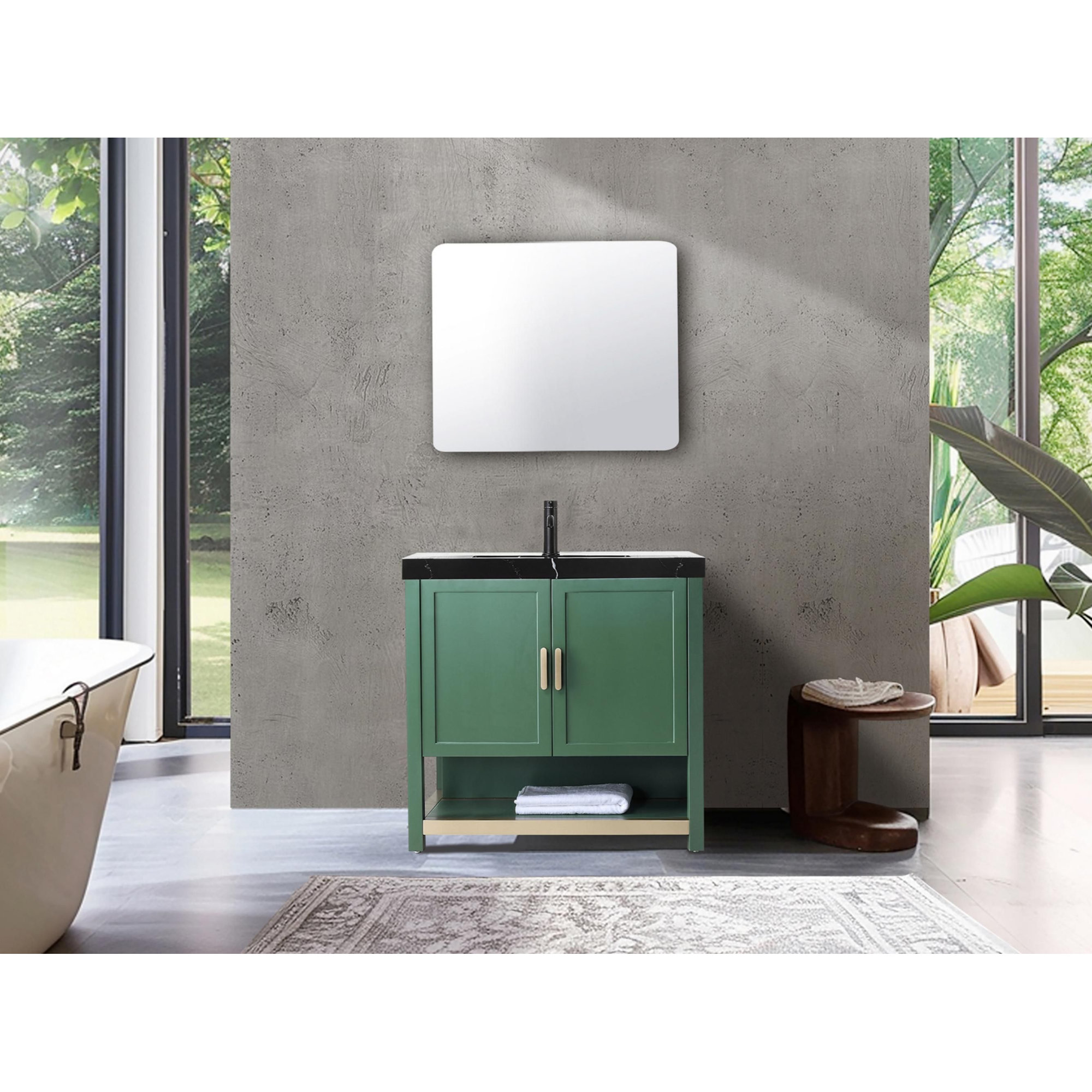 Winchester 36" Pecan Oak With Black Countertop, Forest Green, Black