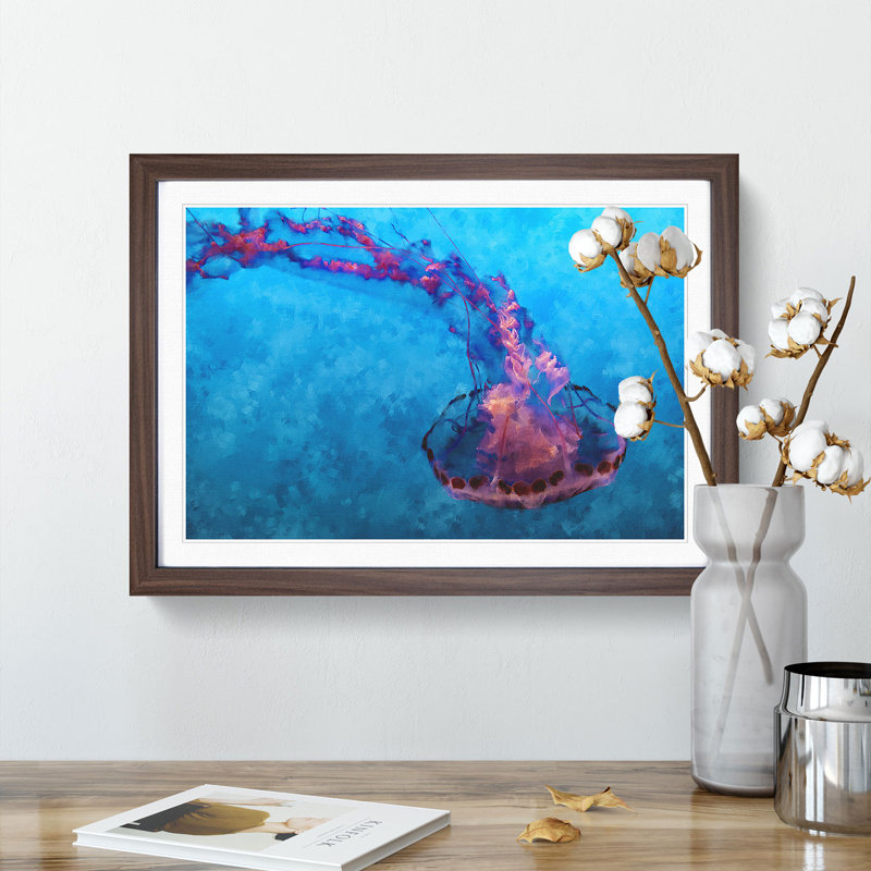 Pink and Blue Jellyfish - Picture Frame Graphic Art Print, Walnut, 62cm H x 87cm W x 2cm D