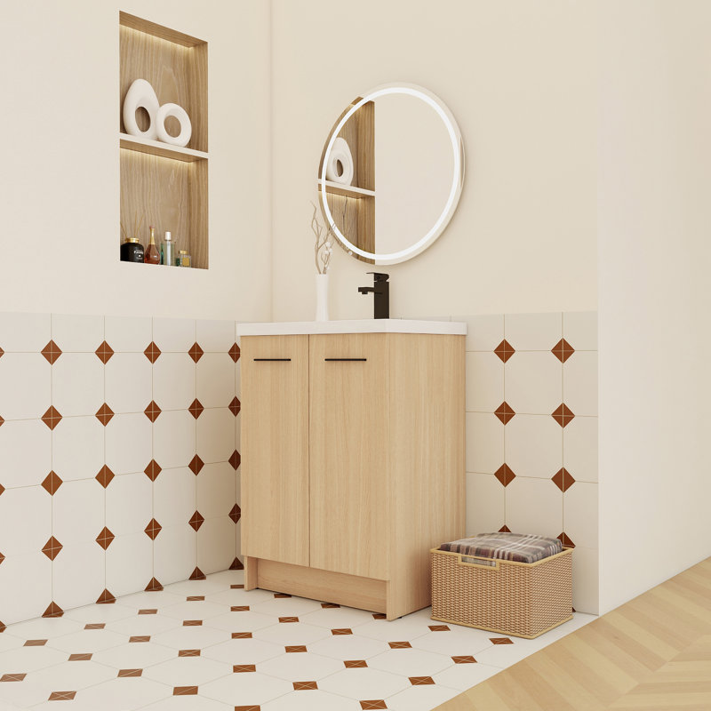 Meuble-lavabo autoportant de 24 pouces avec lavabo en résine intégré, rangement à double porte, conception prête à assembler et poignées à double finition.