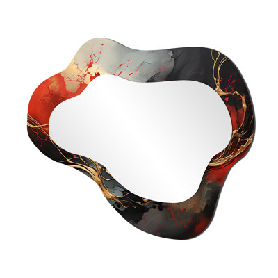 Red and gold marble fire III - Abstract Painting Cloud Large Mirror, Modern Asymmetrical Decorative Wall Mirror, Printed Metal Art